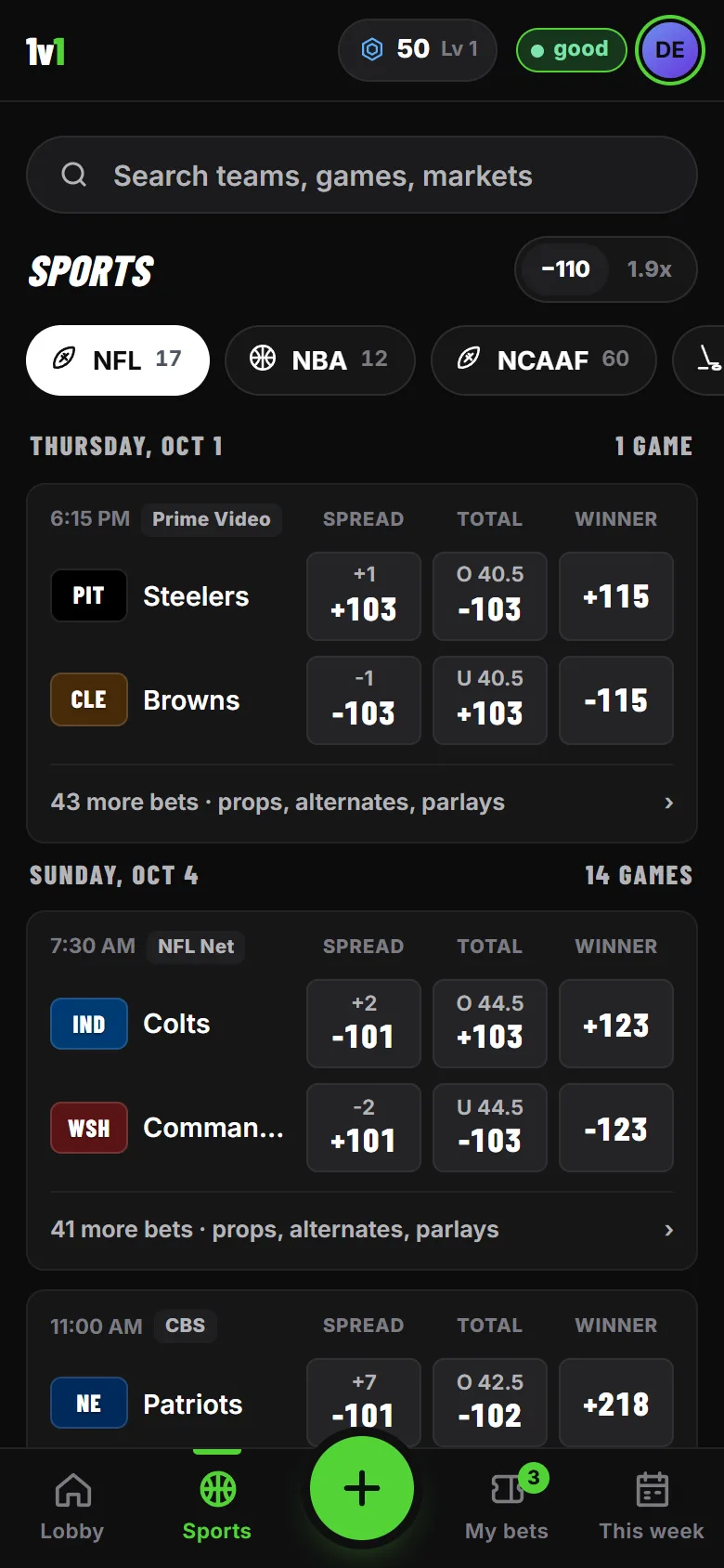The NFL board with spreads, totals and moneylines
