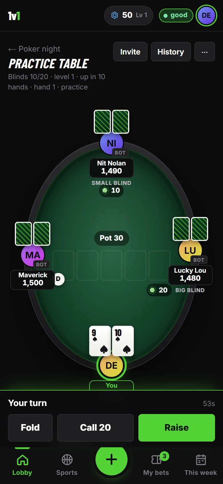 A poker table with your cards face up
