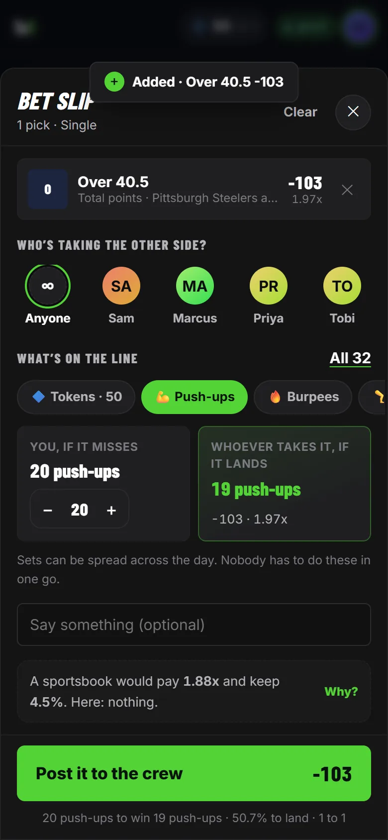 A bet slip staking 20 push-ups against a friend